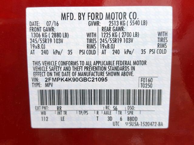 2FMPK4K90GBC21095 - 2016 FORD EDGE TITAN RED photo 10