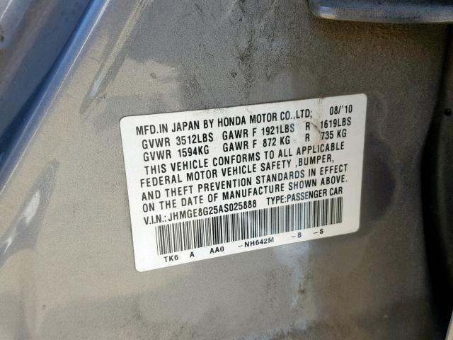 JHMGE8G25AS025888 - 2010 HONDA FIT GRAY photo 10