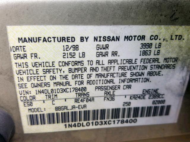 1N4DL01D3XC178400 - 1999 NISSAN ALTIMA XE GOLD photo 10