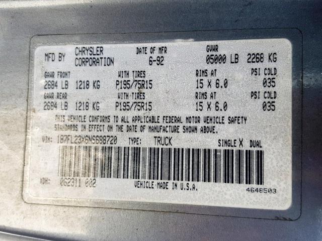 1B7FL23X6NS688720 - 1992 DODGE DAKOTA GRAY photo 10