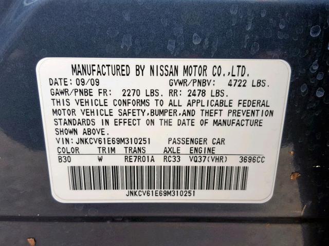 JNKCV61E69M310251 - 2009 INFINITI G37 BASE BLUE photo 10