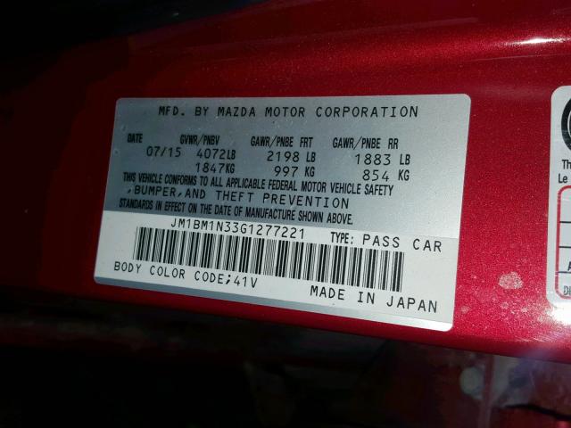 JM1BM1N33G1277221 - 2016 MAZDA 3 GRAND TO RED photo 10