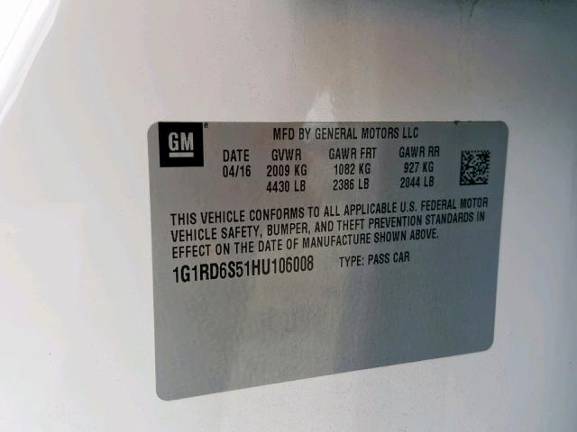 1G1RD6S51HU106008 - 2017 CHEVROLET VOLT PREMI WHITE photo 10