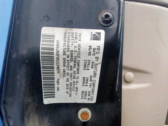 1G8AJ52F85Z179577 - 2005 SATURN ION LEVEL BLUE photo 10