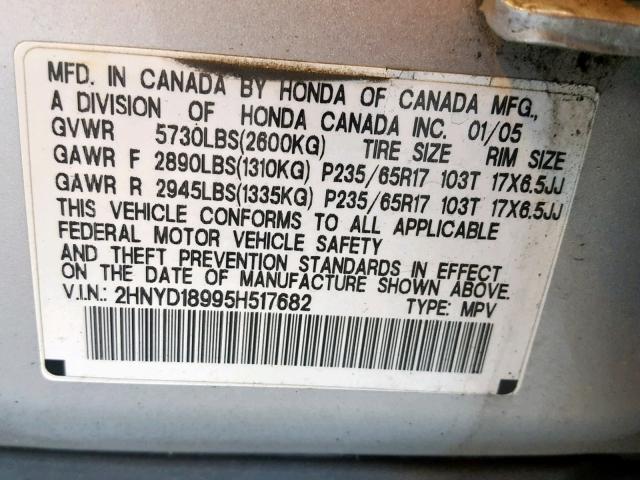 2HNYD18995H517682 - 2005 ACURA MDX TOURIN SILVER photo 10