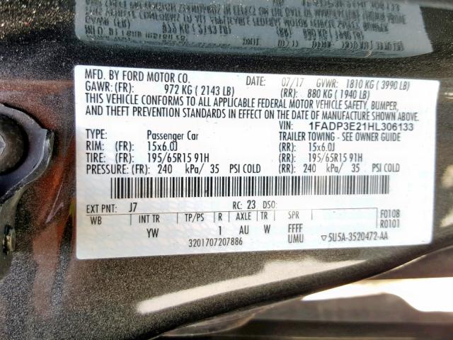 1FADP3E21HL306133 - 2017 FORD FOCUS S GRAY photo 10