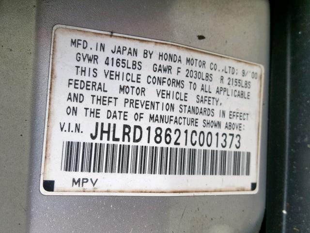 JHLRD18621C001373 - 2001 HONDA CR-V EX SILVER photo 10