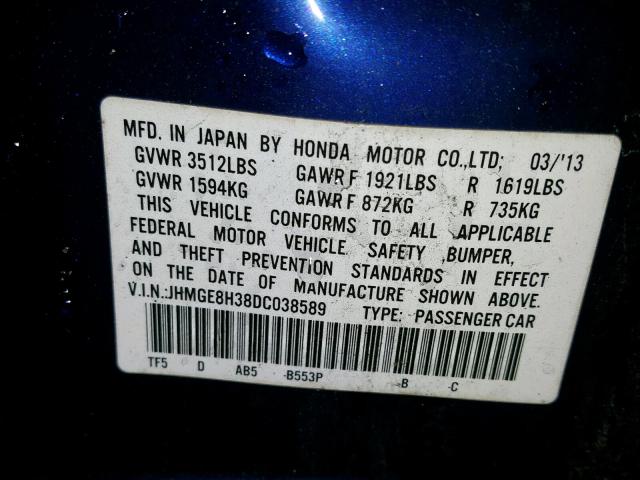 JHMGE8H38DC038589 - 2013 HONDA FIT BLUE photo 10