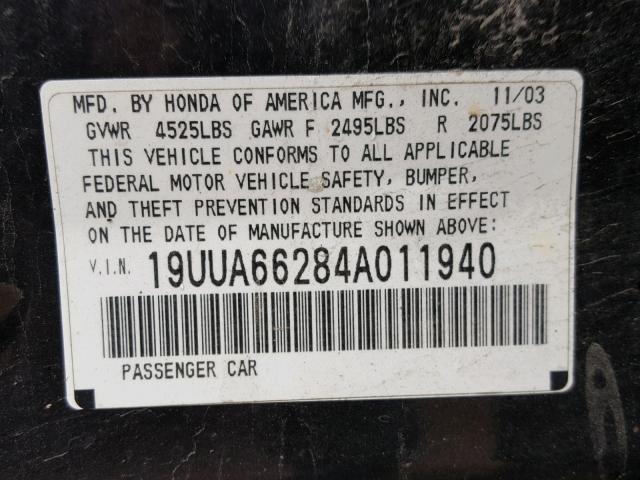 19UUA66284A011940 - 2004 ACURA TL BLACK photo 10