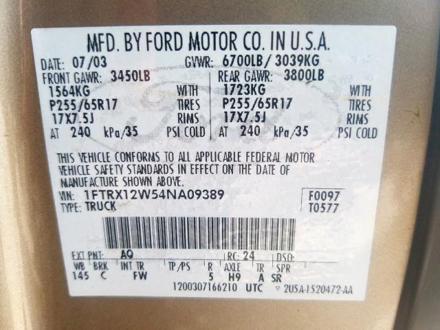 1FTRX12W54NA09389 - 2004 FORD F150  photo 10