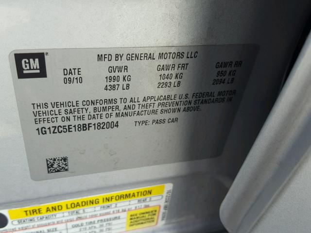 1G1ZC5E18BF182004 - 2011 CHEVROLET MALIBU 1LT 银色 照片 10