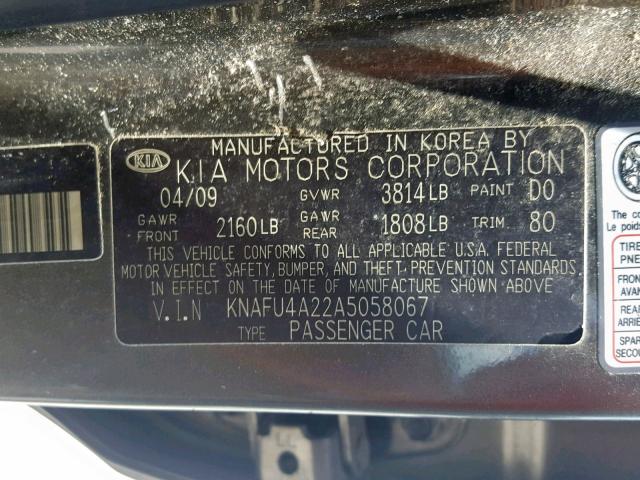 KNAFU4A22A5058067 - 2010 KIA FORTE EX CHARCOAL photo 10