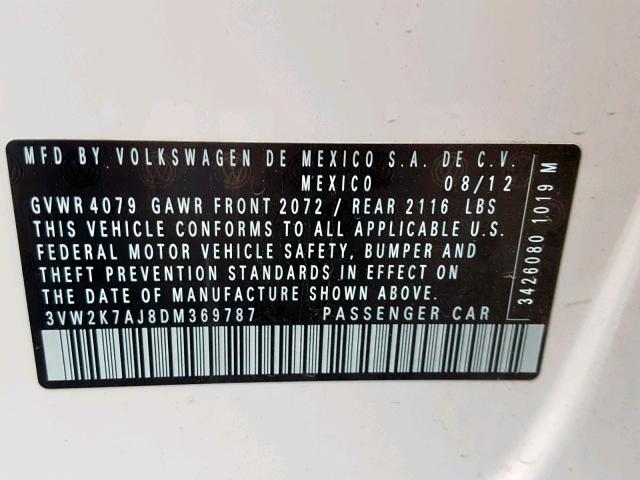 3VW2K7AJ8DM369787 - 2013 VOLKSWAGEN JETTA BASE WHITE photo 10