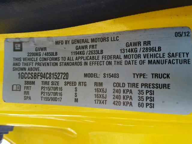 1GCCSBF94C8152720 - 2012 CHEVROLET COLORADO YELLOW photo 10