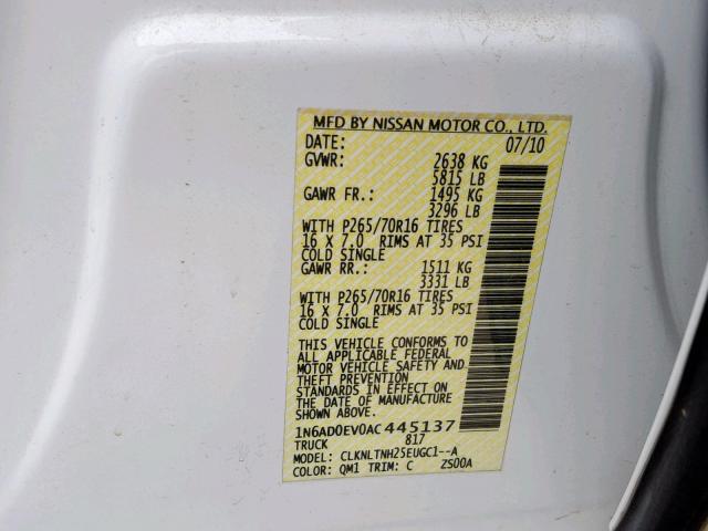 1N6AD0EV0AC445137 - 2010 NISSAN FRONTIER C WHITE photo 10