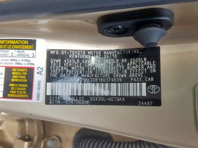 4T1BK3DB1BU374639 - 2011 TOYOTA AVALON BAS GOLD photo 10