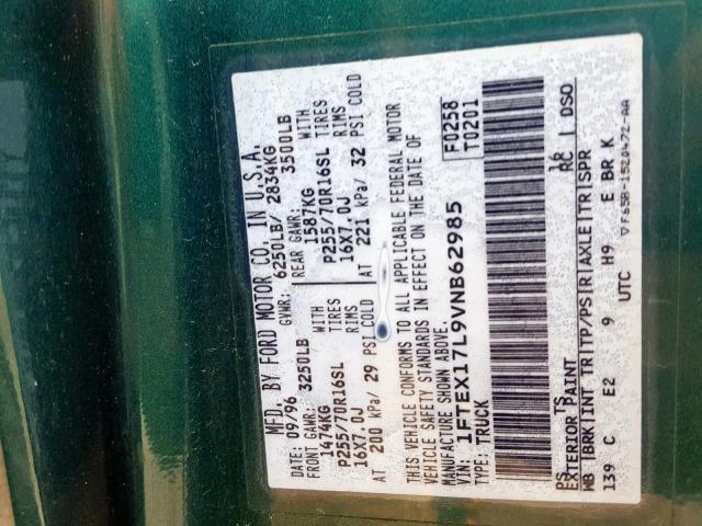 1FTEX17L9VNB62985 - 1997 FORD F150 GREEN photo 10