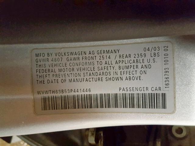 WVWTH63B53P441446 - 2003 VOLKSWAGEN PASSAT GLX 银色 照片 10