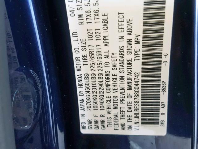 JHLRE38788C044742 - 2008 HONDA CR-V EXL BLUE photo 10