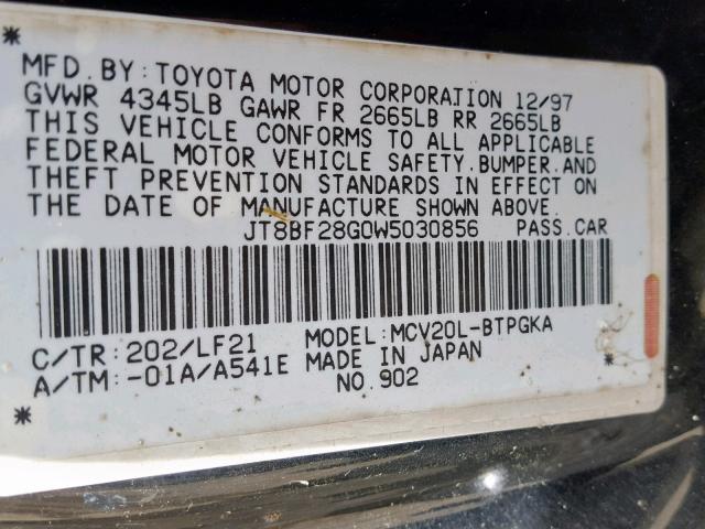 JT8BF28G0W5030856 - 1998 LEXUS ES 300 BLACK photo 10