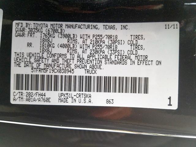 5TFRM5F19CX038945 - 2012 TOYOTA TUNDRA DOUBLE CAB SR5  photo 10