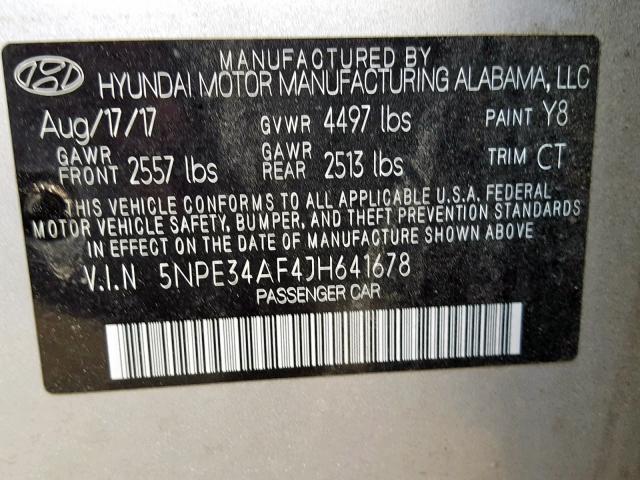 5NPE34AF4JH641678 - 2018 HYUNDAI SONATA SPO SILVER photo 10