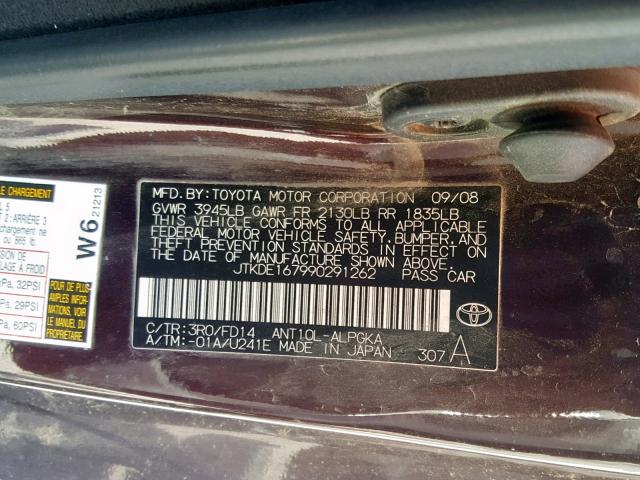 JTKDE167990291262 - 2009 TOYOTA SCION TC ბურგუნდია ფოტო 10