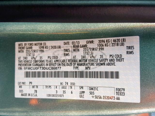 1FMCU0F73DUC86877 - 2013 FORD ESCAPE S BLUE photo 10