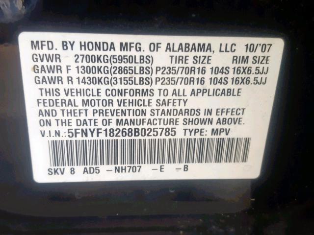 5FNYF18268B025785 - 2008 HONDA PILOT VP BLACK photo 10