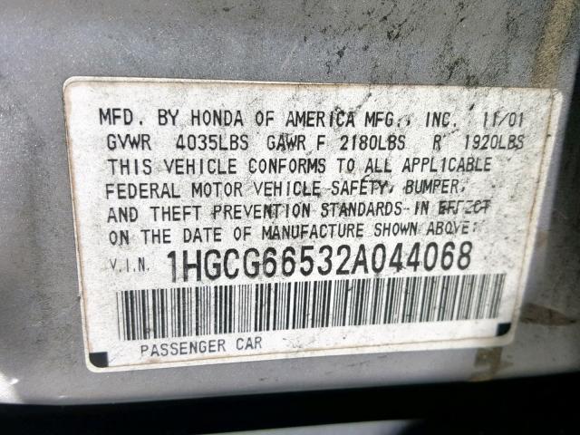 1HGCG66532A044068 - 2002 HONDA ACCORD LX SILVER photo 10