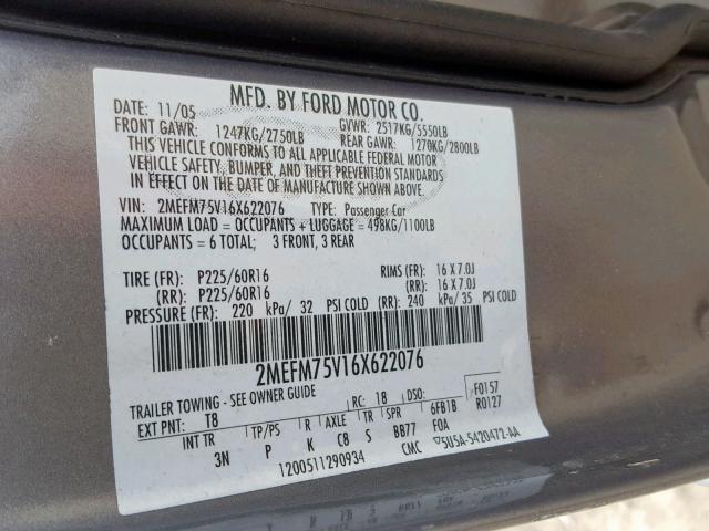 2MEFM75V16X622076 - 2006 MERCURY GRAND MARQ GRAY photo 10