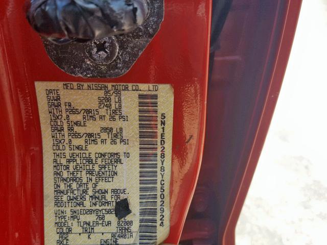 5N1ED28Y8YC502924 - 2000 NISSAN XTERRA XE RED photo 10