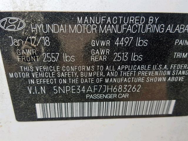 5NPE34AF7JH683262 - 2018 HYUNDAI SONATA SPO WHITE photo 10