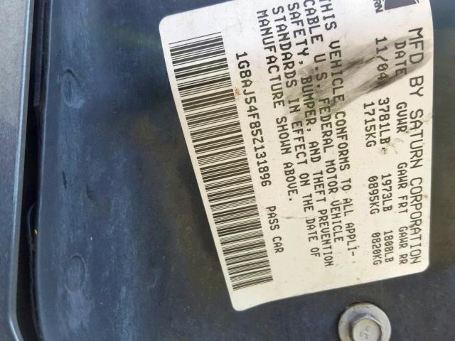 1G8AJ54F85Z131896 - 2005 SATURN ION LEVEL GRAY photo 10