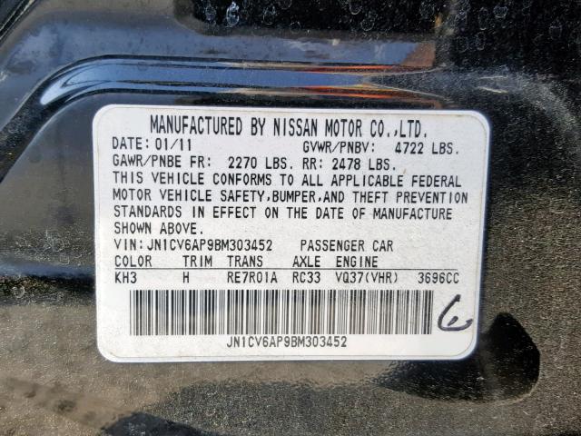 JN1CV6AP9BM303452 - 2011 INFINITI G37 BASE BLACK photo 10