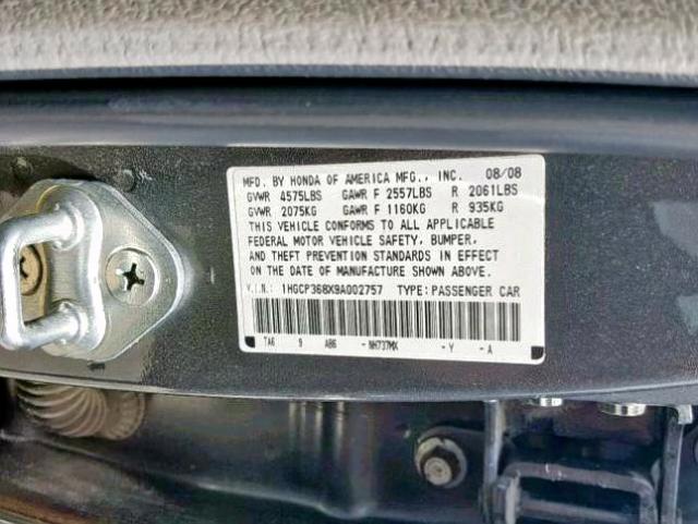 1HGCP368X9A002757 - 2009 HONDA ACCORD EXL GRAY photo 10