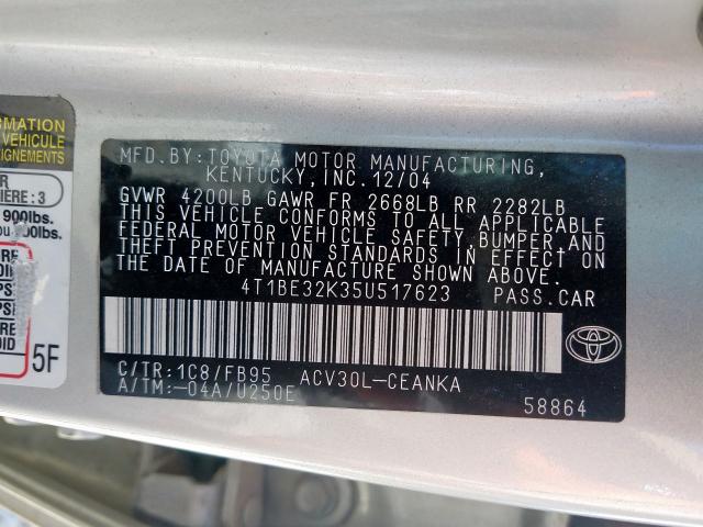 4T1BE32K35U517623 - 2005 TOYOTA CAMRY LE  photo 10