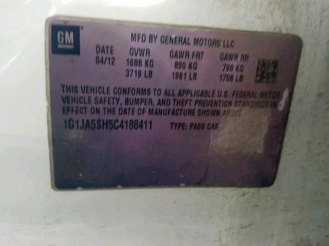 1G1JA5SH5C4188411 - 2012 CHEVROLET SONIC LS WHITE photo 10