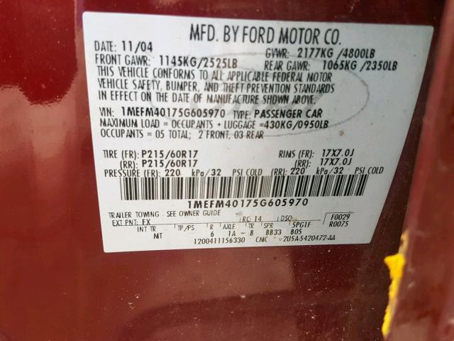 1MEFM40175G605970 - 2005 MERCURY MONTEGO LU BURGUNDY photo 10