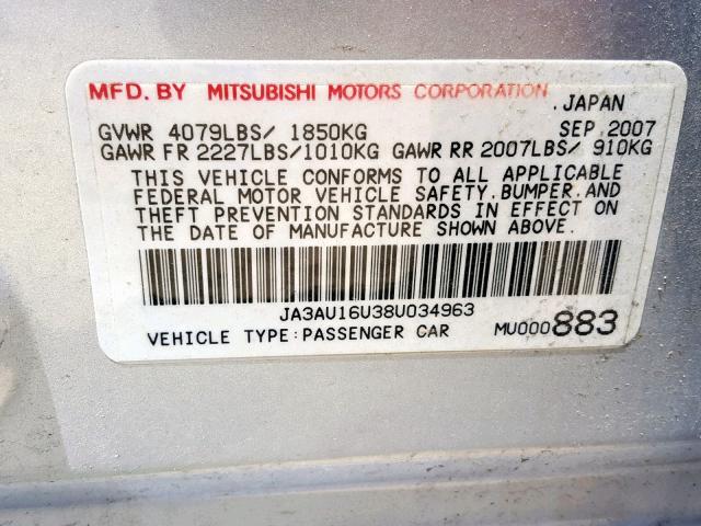 JA3AU16U38U034963 - 2008 MITSUBISHI LANCER DE SILVER photo 10