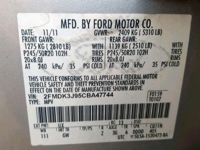 2FMDK3J95CBA47744 - 2012 FORD EDGE SEL SILVER photo 10