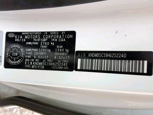 KNDMB5C19H6252240 - 2017 KIA SEDONA LX WHITE photo 10