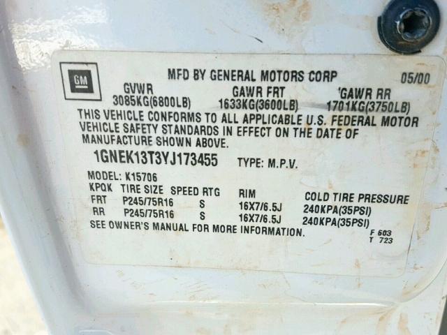 1GNEK13T3YJ173455 - 2000 CHEVROLET TAHOE K150 WHITE photo 10