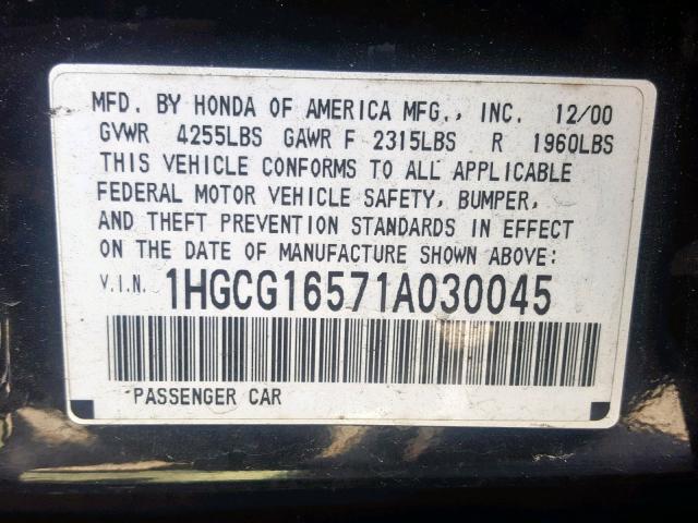 1HGCG16571A030045 - 2001 HONDA ACCORD EX BLACK photo 10