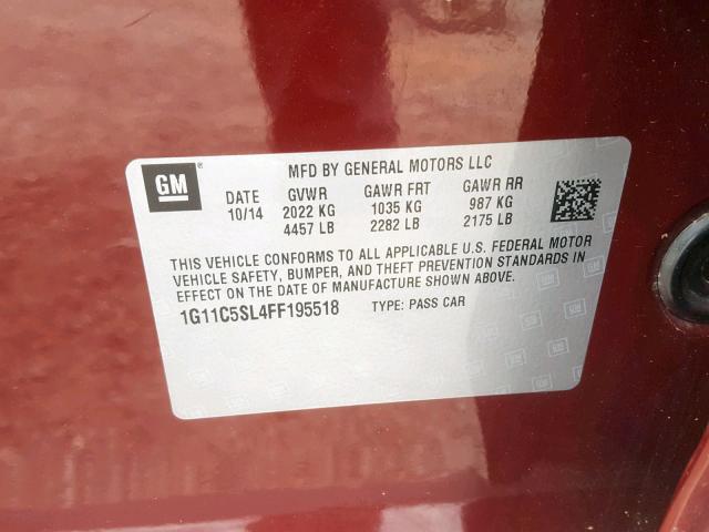 1G11C5SL4FF195518 - 2015 CHEVROLET MALIBU 1LT BURGUNDY photo 10