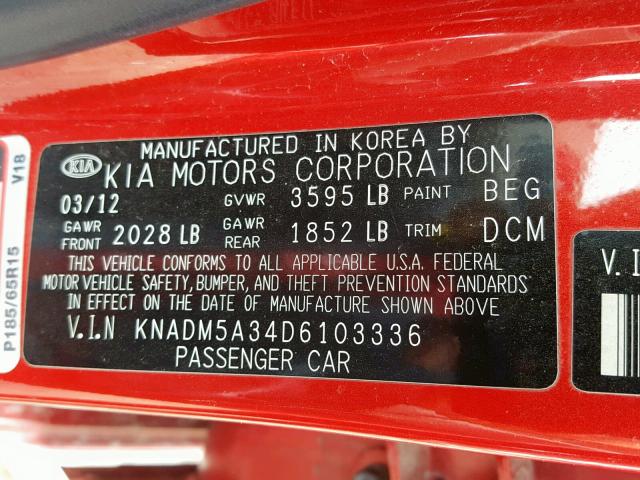 KNADM5A34D6103336 - 2013 KIA RIO LX RED photo 10