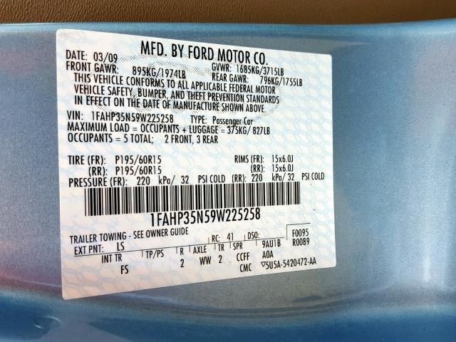 1FAHP35N59W225258 - 2009 FORD FOCUS SE BLUE photo 10