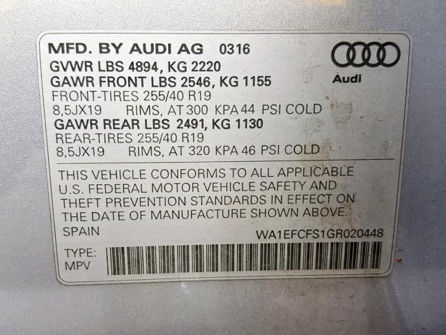 WA1EFCFS1GR020448 - 2016 AUDI Q3 PREMIUM SILVER photo 10