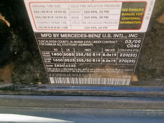 4JGBB86E99A509026 - 2009 MERCEDES-BENZ ML 350 BLACK photo 10