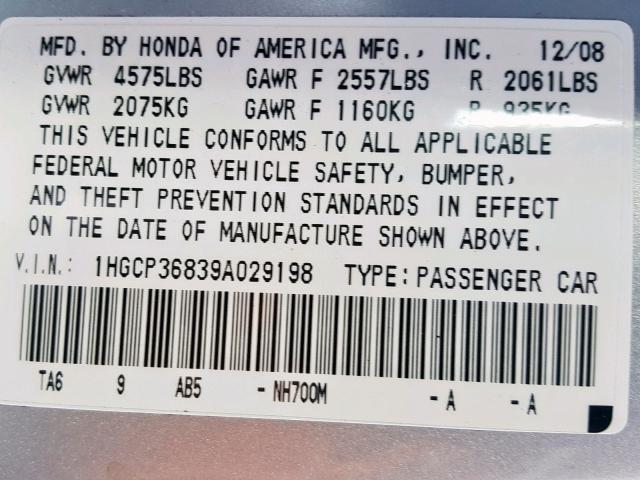 1HGCP36839A029198 - 2009 HONDA ACCORD EXL SILVER photo 10